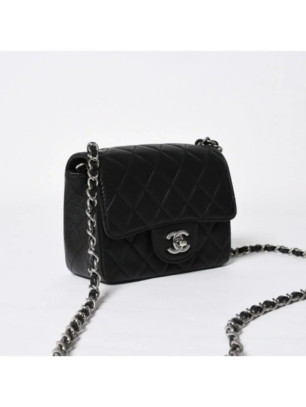 Chanel Mini Quilted Chain Shoulder Bag 17 Caviar Leather Black Silver